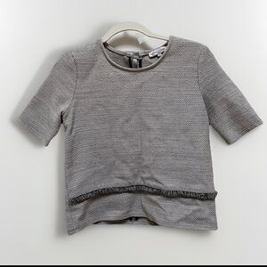 Waverly Grey Textured Fringe Blouse Top XS EUC Short Sleeve